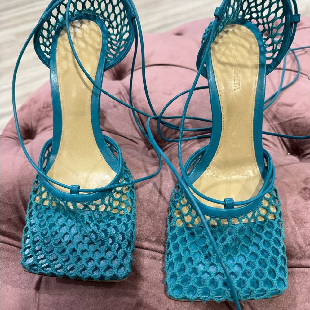 Bottega Women's Blue Mesh Lace-Up Heels